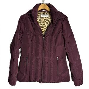 Calvin Klein Plum Leopard Lined Fitted Hip Length Quilted Down Puffer Jacket S